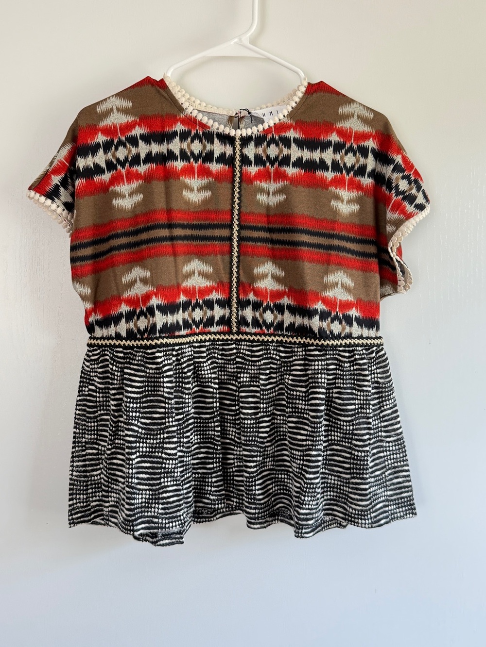 THML Short-Sleeve Knit Peplum Top Red, Brown, Black & White Aztec Boho Western